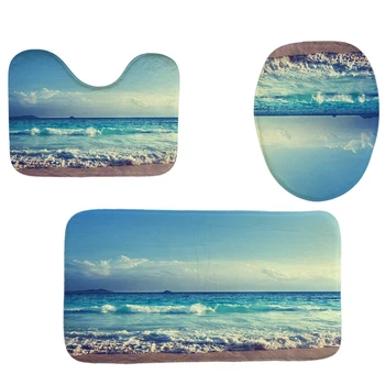 

4Pcs Home Bathroom Decor Sea Wave Pattern Toilet Seat Cover Bath Mat Set+Waterproof Shower Curtain
