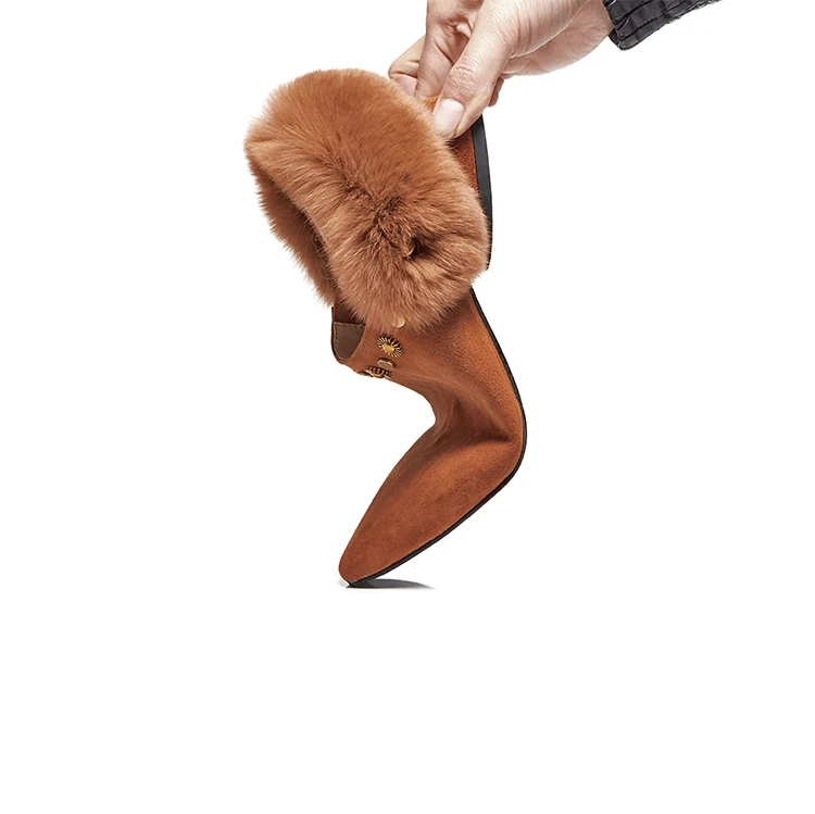 

MLJUESE 2018 women flats rabbit hair brown color slip on rivet fur pointed toe spring comfortable casual shoes warm flats