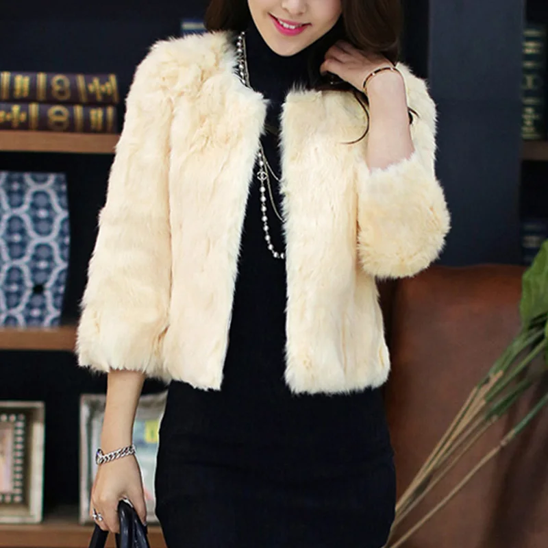Women Beige Faux Fur Coats Winter Warm Streetwear Casual Long Sleeve Collarless Warmer Outwear