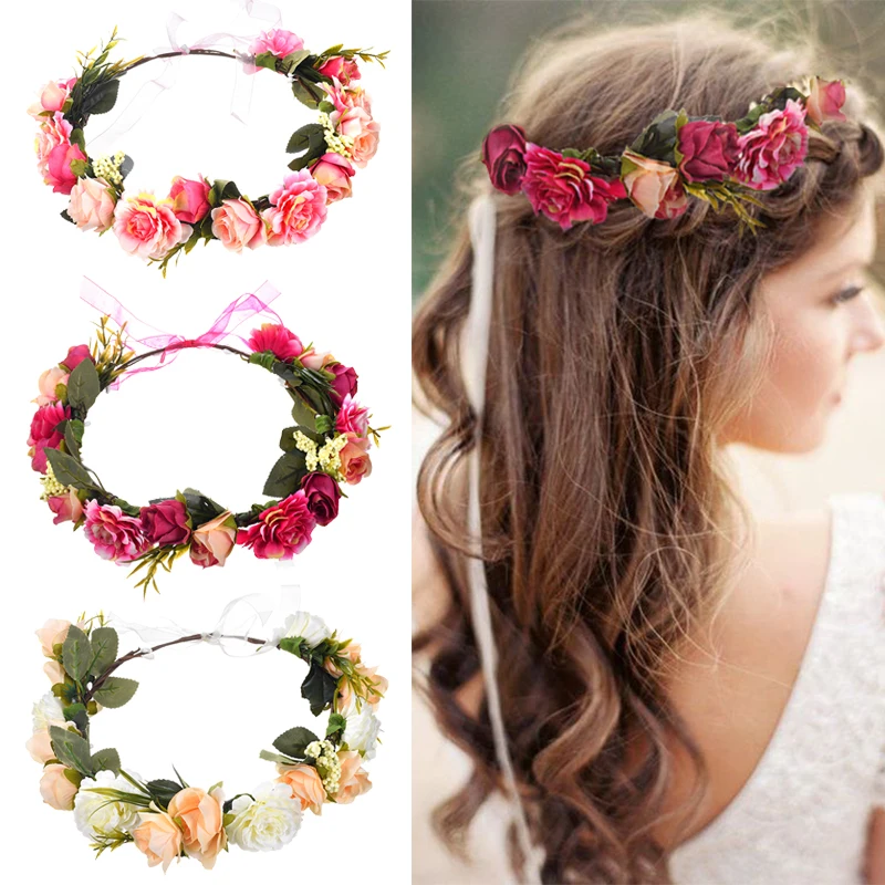 

Women Bezel Flowers Crown Bridal Floral Headband Wreath Headband Wedding Romantic Rose Peony Hair Accessories Bridesmaid Tiara