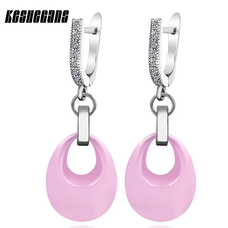 

Elegant Design Water Drop Shape Earrings Cubic Zirconia Stainless Steel Black/White/Pink Ceramic Jewelry For Women Wedding Party