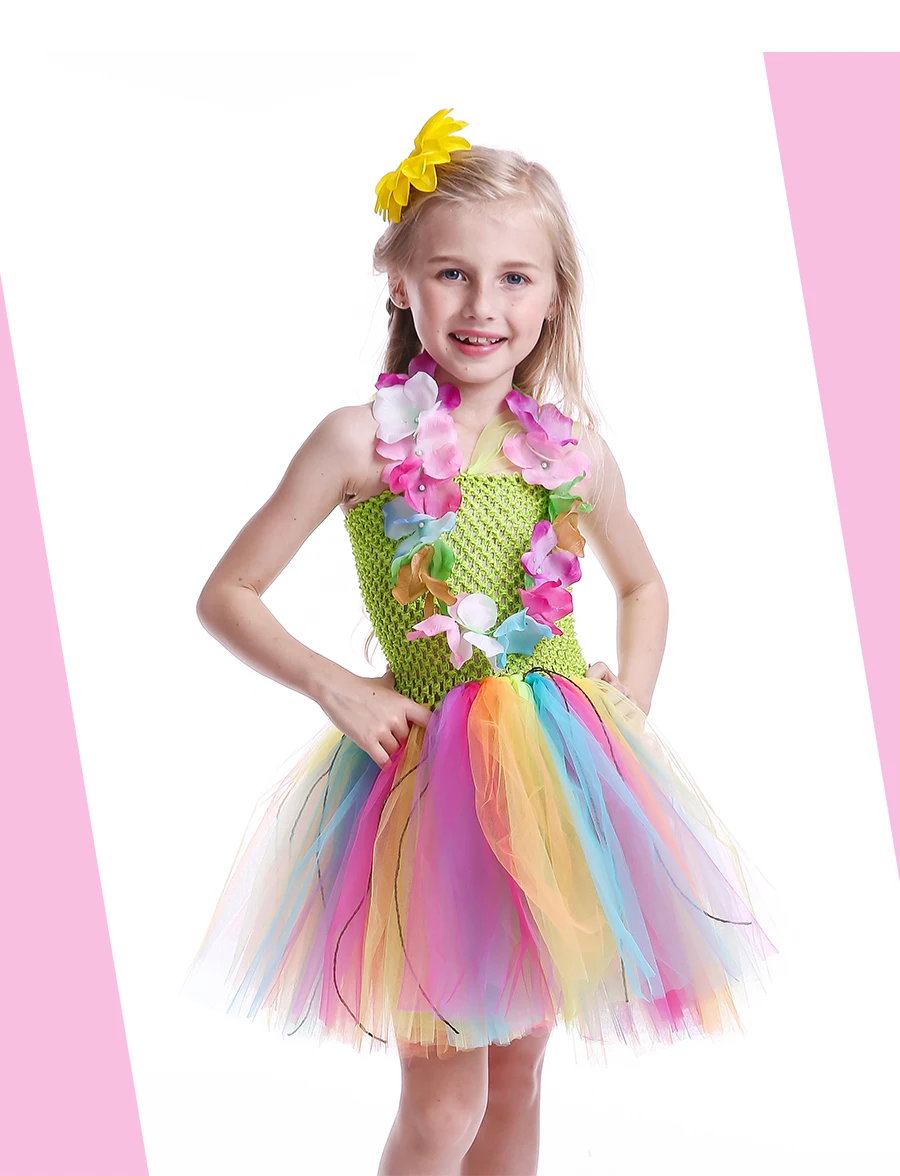 Hula Syle Girls Rainbow Colored Tutu Dress with Flower Necklace Kids Birthday Party Pageant Costume Handmade Sweet Tulle Dress (2)
