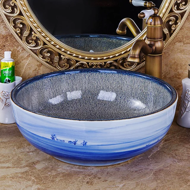 Blue And White Patterned Countertop Round Ceramic Bathroom Sink Art Blue And White Patterned Countertop Round Ceramic Bathroom Sink Art Basin Painted Sinks