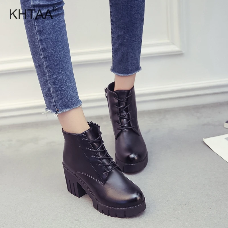 

High Heels Autumn Women Ankle Boots Fashion Lace Up Female Short Winter Boots Fashion Zipper Platform Casual Ladies Black Shoes
