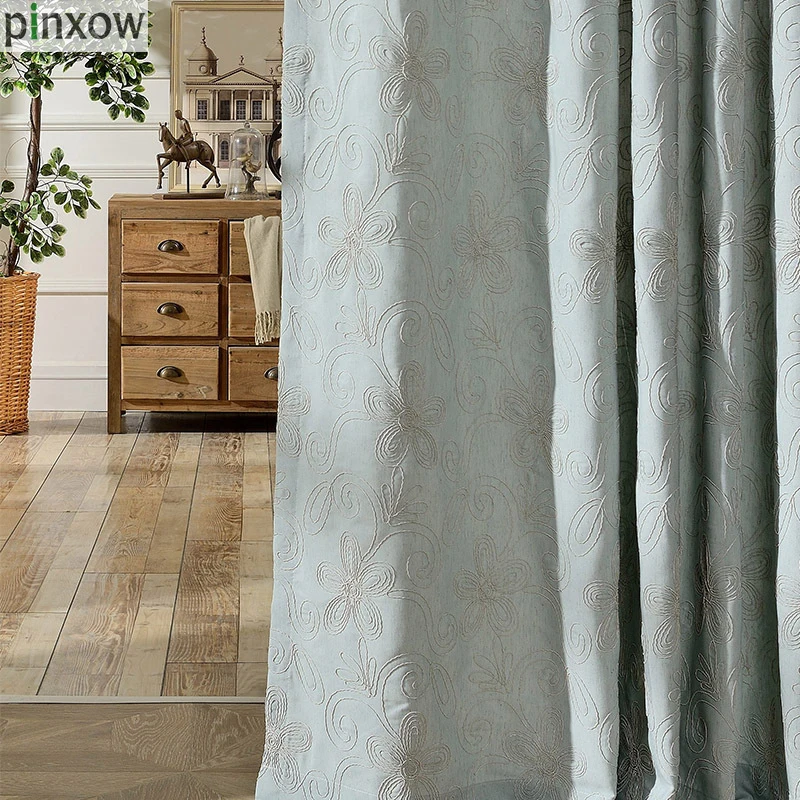Pinxow Blue Embroidered Curtains For Living Room Cotton Linen Panel