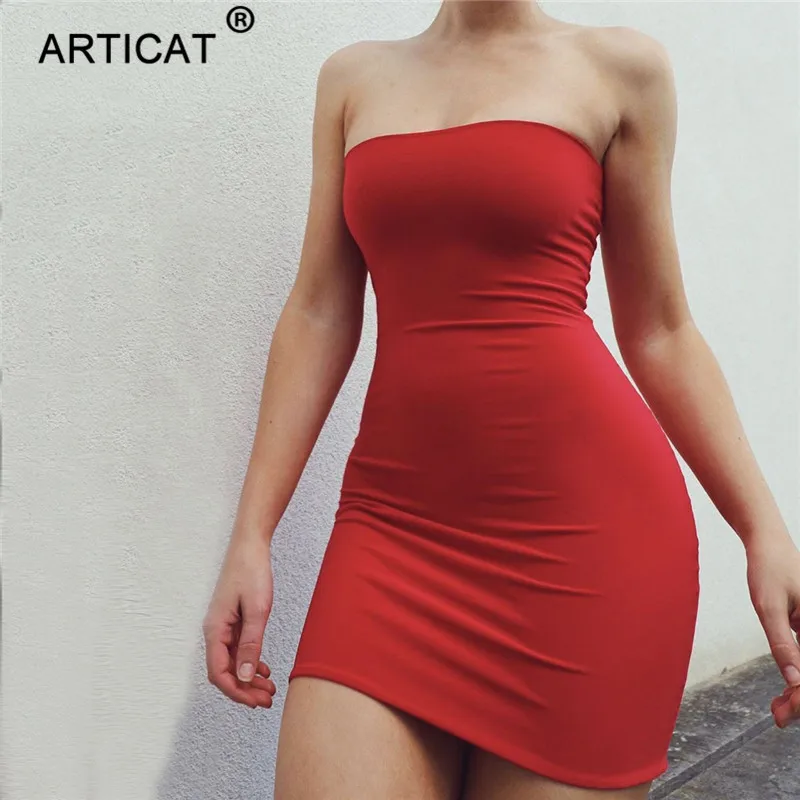 

Articat Off Shoulder Strapless Sexy Short Dress Women White Sleeveless Bodycon Dress Solid Casual Elastic Party Summer Dress