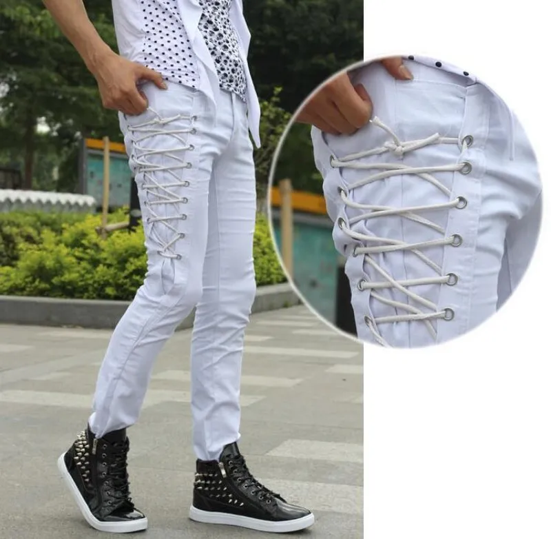 Модные летние обтягивающие мужские брюки в Корейском стиле, мужские брюки полной длины, индивидуальные обтягивающие брюки на шнуровке для мужчин