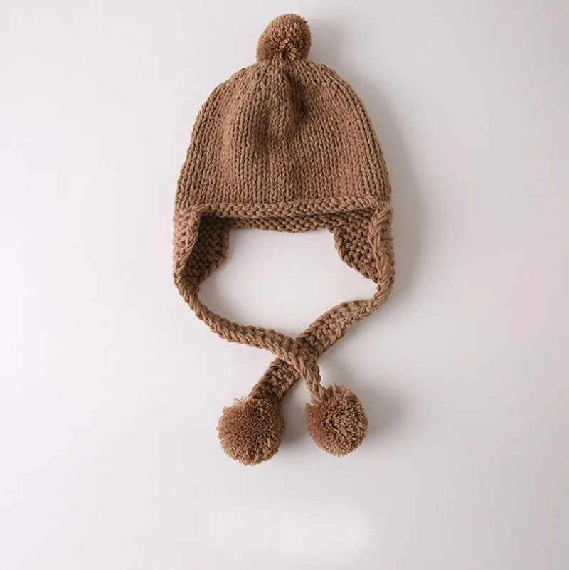 Doitbest/от 2 до 6 лет, Детские шапочки с двумя помпонами для мальчиков, зимняя однотонная детская вязаная шапка ручной работы, вязаная шапка-ушанка для девочек - Цвет: CAMEL