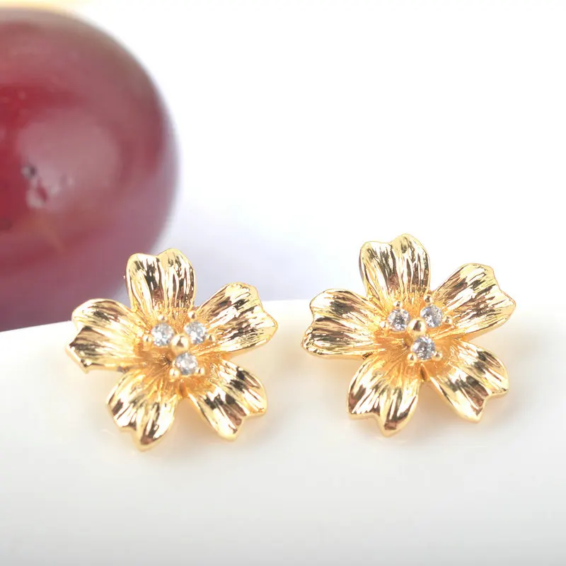 

6 PCS Flower 11 *11 MM 24K Gold Color Brass with zirconia Flower Stud Earrings Pins High quality jewellery Accessories