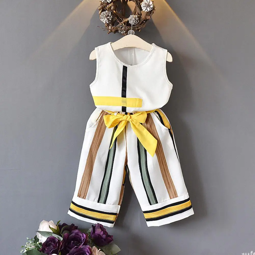 

TPFOCUS Girls Clothing 2pcs/set Girl Geometric Print Tank Top + Striped Wide-leg Pants Stylish Suit 2019 Summer Clothing Sets