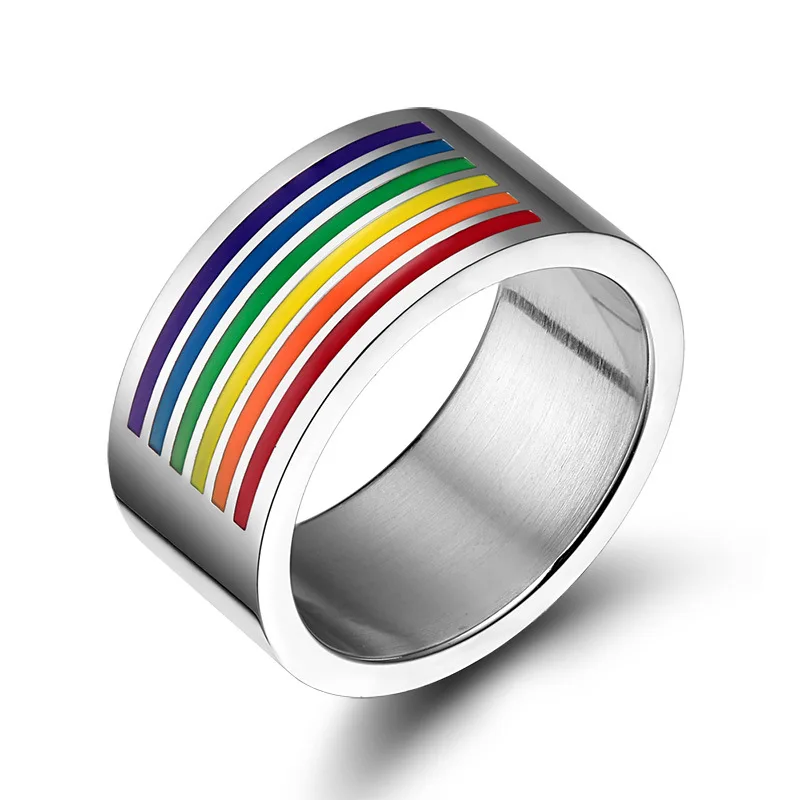 

10mm Wide Rainbow Rings for Gay LGBT Lesbian Equality Wedding Bands Titanium Ring Jewelry Stainless Steel Women Mens Anillos