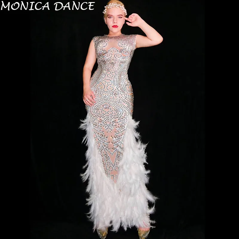 

Sexy Silver Full Rhinestones Feather Dress Bar Birthday Celebrate Outfit Women Singer Dancer DS Dress Prom Show Dance Dress