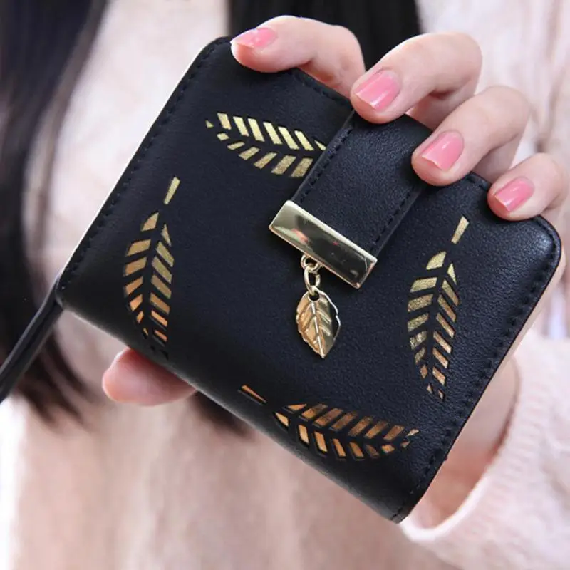 

Women Short Wallet Female PU Leather Hollow Gold Leaves Pouch Fashion Woman Small Zipper Wallet Coin Purse For Ladies Money Bag