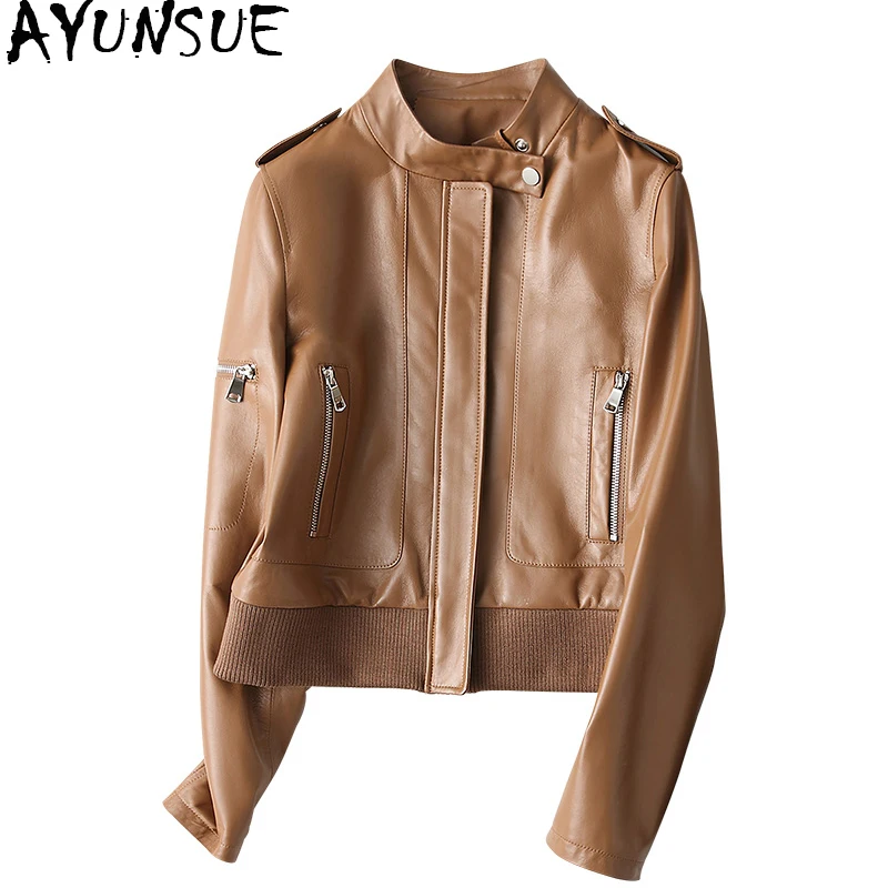 

AYUNSUE 2018 Spring Autumn Leather Jacket Women Zipper Fashion Real Sheepskin Coats Shorts Genuine Leather Jackets 28006 WYQ1453