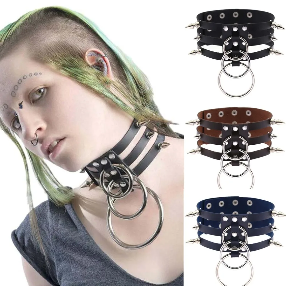 Панк 3 ряда кожаный чокер панк заклепки Готический воротник ожерелья ...