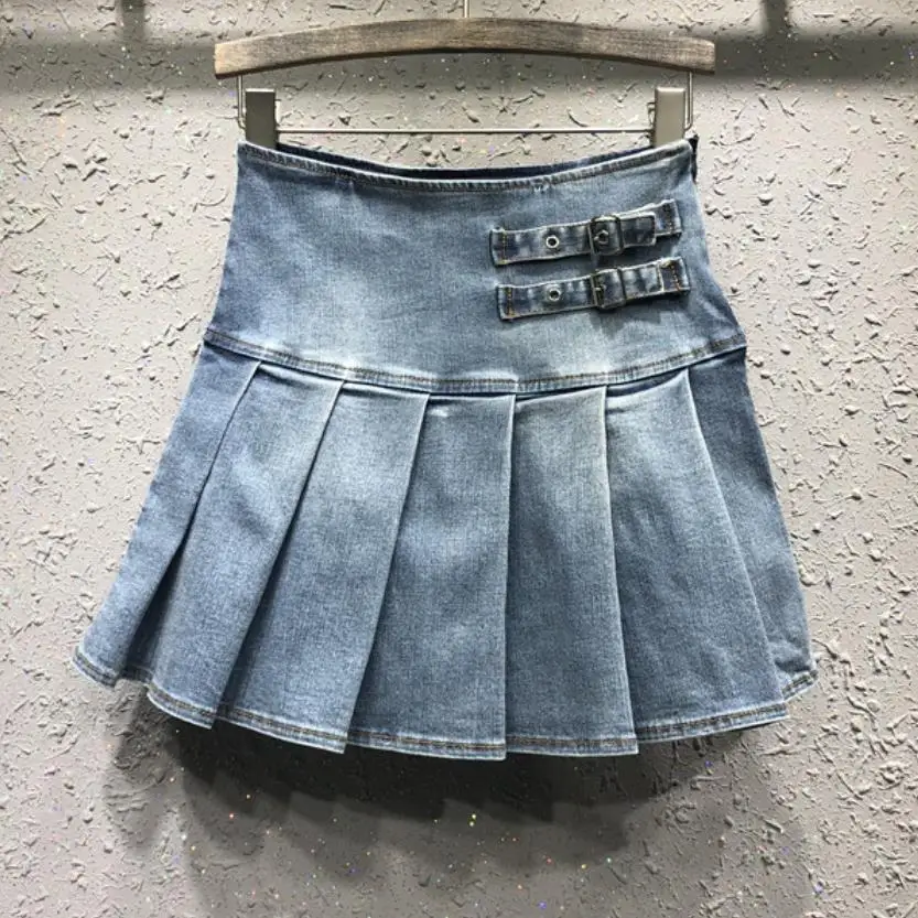 Джинсовая мини-юбка размера плюс 2XL, Женская эластичная юбка с высокой талией, Женская Повседневная плиссированная джинсовая юбка, светильник