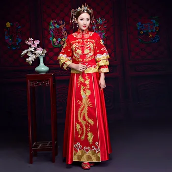 

Traditional Chinese Women Wedding Dress Vintage Full Length Embroidery Cheongsam Noble Bride Marriage Phoenix&Formal Qipao Gowns