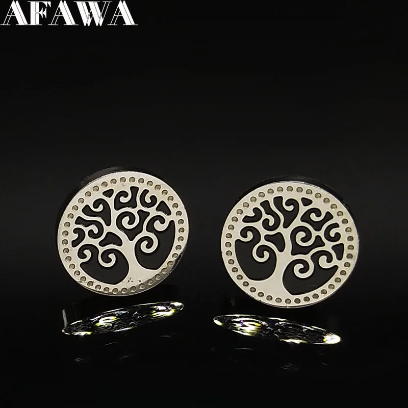 Fashion Small Black Enamel Stainless Steel Earring Women Tree of Life Stud Earings Jewelry boucles d oreilles femmes E612637 | Украшения и