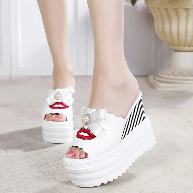 

Womens Peep Toe Pearl Bownknot Slip On Muffins Slippers Platform Wedge Shoes Super High Heel 13cm Black White A618