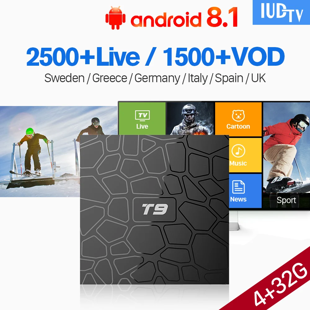 T9 IPTV Spain Android 8.1 TV Box with 1 Year IUDTV IPTV Subscription 2.4G Wifi 4G 32G RK3328 IPTV Sweden Arabic Spain Italia