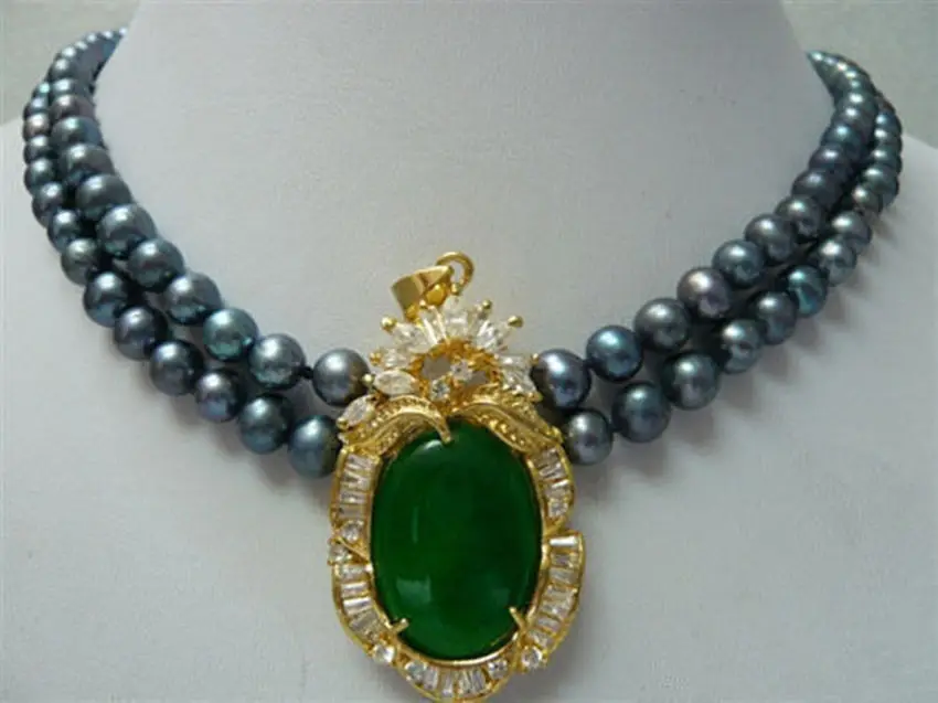 

zj 0008 2 Rows Black Pearl Emerald Jade Crystal Pendant Necklace