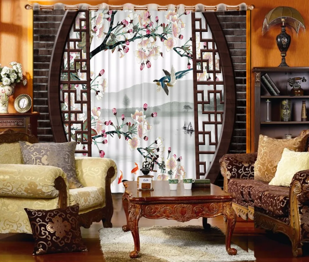 Chinese luxury window curtain living room Flower modern 3d blackout