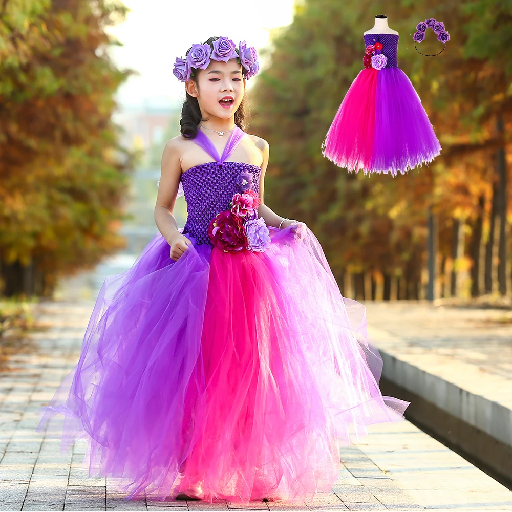 

Elegant Christmas Party Kids Dresses for Girls Homecoming Long Purple Child Dress Flower Girl Patchwork Tutu Dress Vestido 1-14Y
