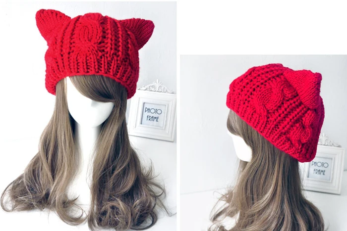 Новый женский шерстяной вязаный шапка Кепки кошачьи уши Gorros Берет шапочка Touca капот вязаный крючком Плетеный лыж Зима теплая Шапки