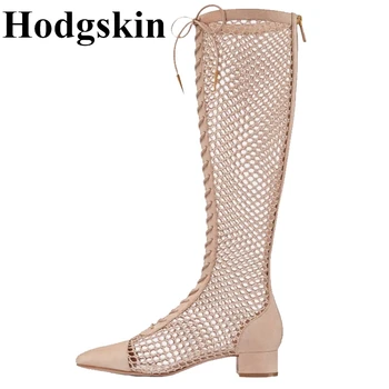 

2019 New Summer Hollow Genuine Leather Woman Boots Breathable Mesh Square Heel Lace Up Zipper Female Boot Rome Knee-High Boots