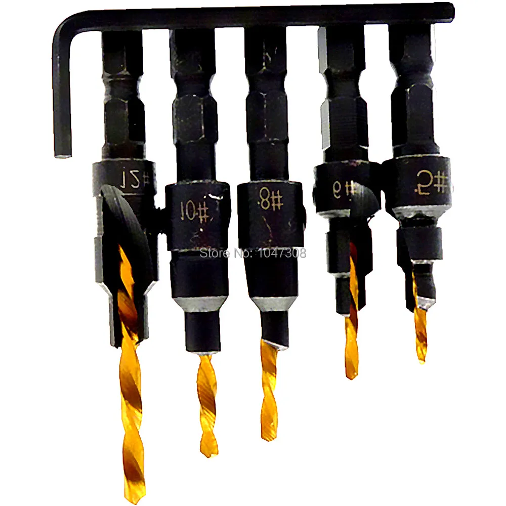 5pcs Titanium Coated Countersink Bit Set 1/4" Hex Shank Countersink Drill Bit Drilling Pilot