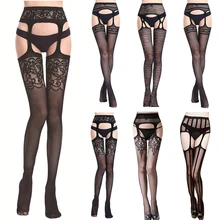 Hollow Out Sexy Tights Sexy Lace Stockings Female Thigh High Fishnet Embroidery Transparent Crotchless Pantyhose Nylon Stockings