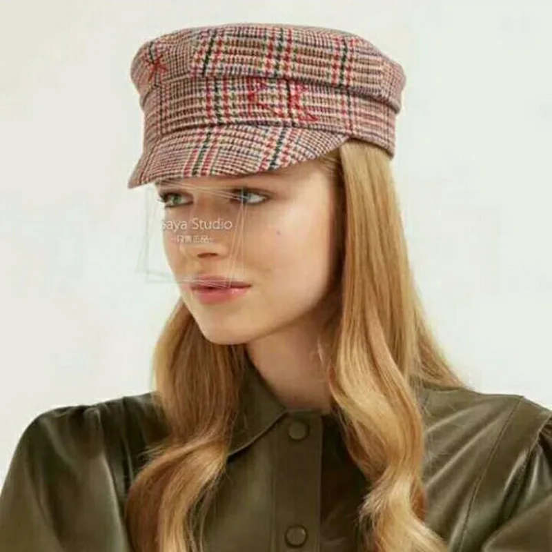 QDKPOTC New Spring Autumn Women Hat Fashion Houndstooth RB Military Hats Leisure Classic Flat Cap Female Beret Cap