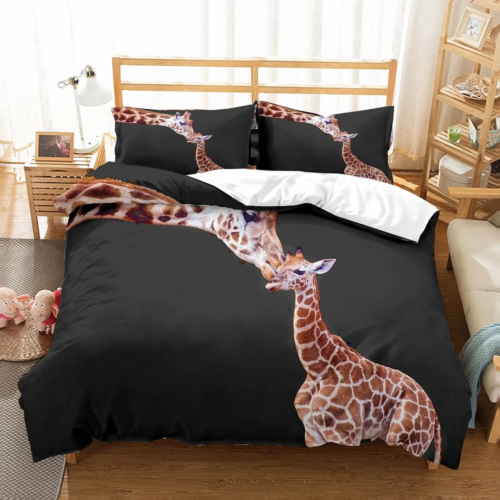 

Giraffe Mom Kissing Giraffe Baby Black Duvet Cover Set 3 Piece with 2 Pillowcase Luxury Microfiber Kids/Boys/Girls Bedding Set