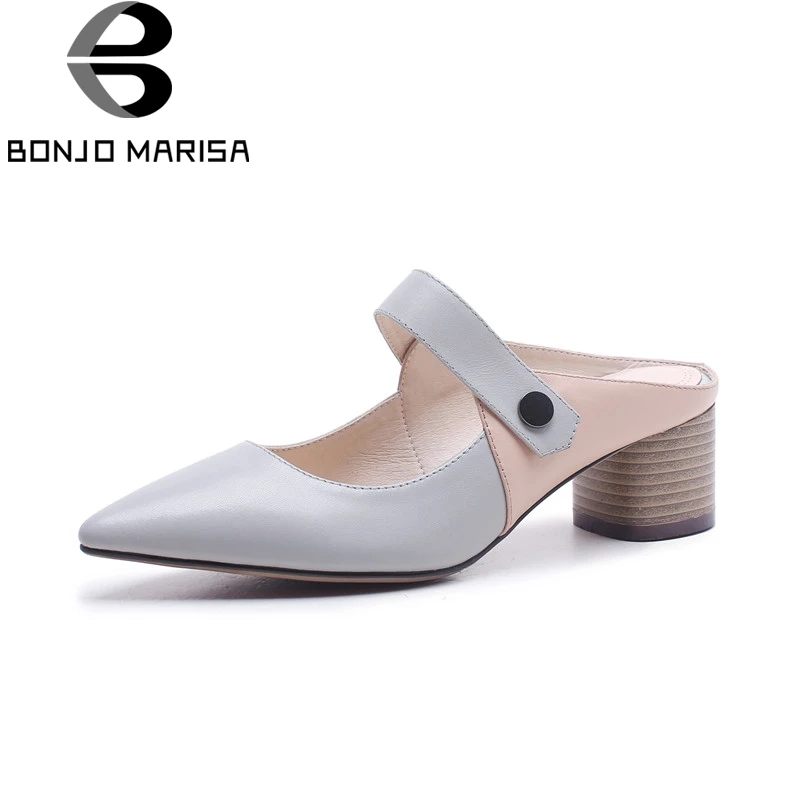 

BONJOMARISA Large Size 33-40 Cow Genuine Leather Round Heels Pointed Toe Women Sandals Slip On Mules Fashion Shoes Woman