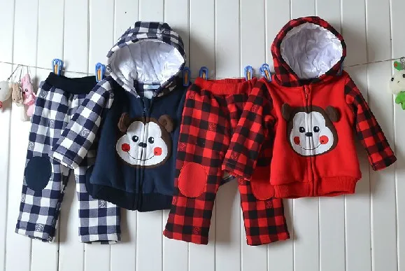 Free Shipping High quality 2012 New Baby Winter thicker monkeys patch hooded jacket plaid trousers two