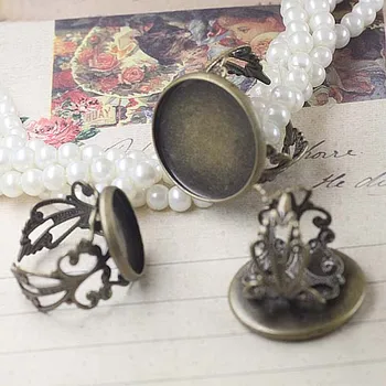 

Open Filigree Ring Settings Round Smooth Bezel Cabochons Bases Adjustable Rings DIY Findings Accessories Antique Bronze tone