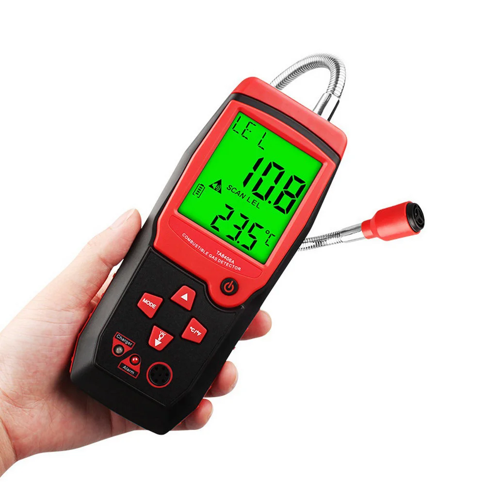 

Charging Power Handheld Natural Gas Detector Combustible Gas Sniffer Methane Leak Sensor Alarm LED light Alarm Buzzer TA8406A