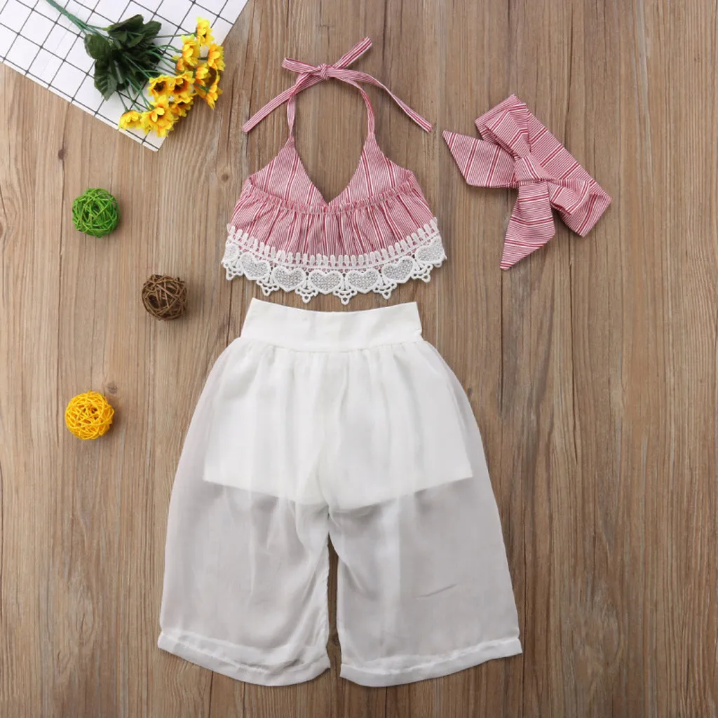 

Summer 3PCS Set Infant Baby Girls Bow Lace Halter Striped Tops+Transparent Long Pant+Headband Outfits Clothing Tulle princeess