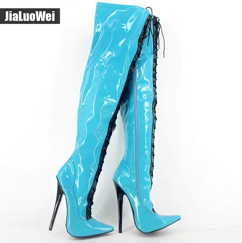 Пикантные ботфорты выше колена на очень высоком тонком каблуке 18 см; модные однотонные женские кожаные туфли на шпильке с острым носком на молнии - Цвет: Blue and  black