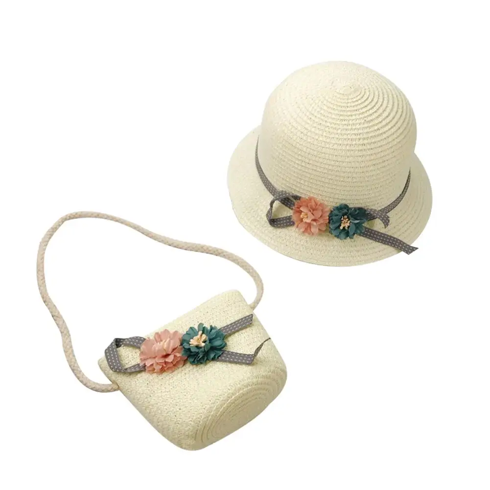 

Cute child straw hat baby sun hat girl summer beach visor hat (hat + satchel two sets)