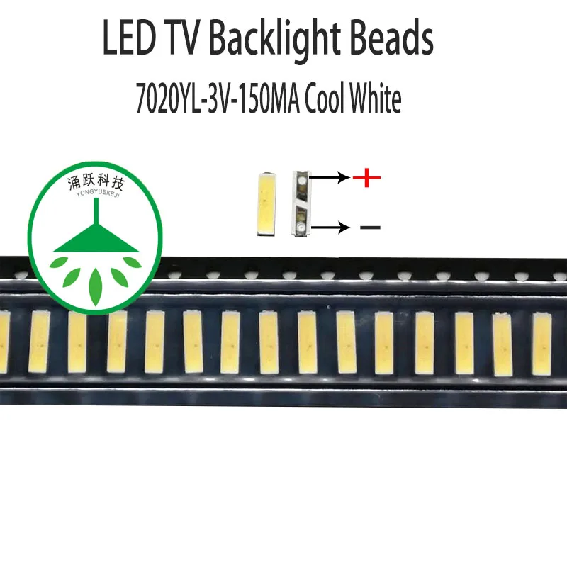 100 шт./лот, новинка, smd led 7020yl, 3 в, 150 мА, 0,5 Вт, лампа, бусины, холодный белый цвет, для ремонта, led lcd tv, подсветка, бар и полоса