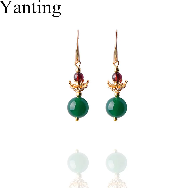 Yanting натуральный красный, зеленый камень классические женские серьги Элегантные Brincos золотые цветные цветочные серьги для женщин 0420