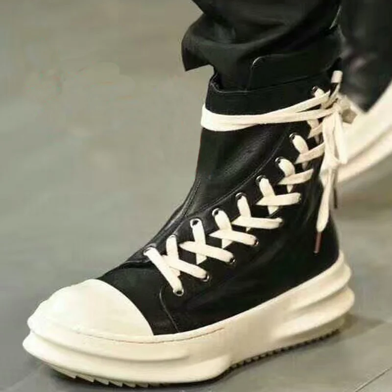 Fashion Catwalk Men Boots Black White Leather Shoes Men