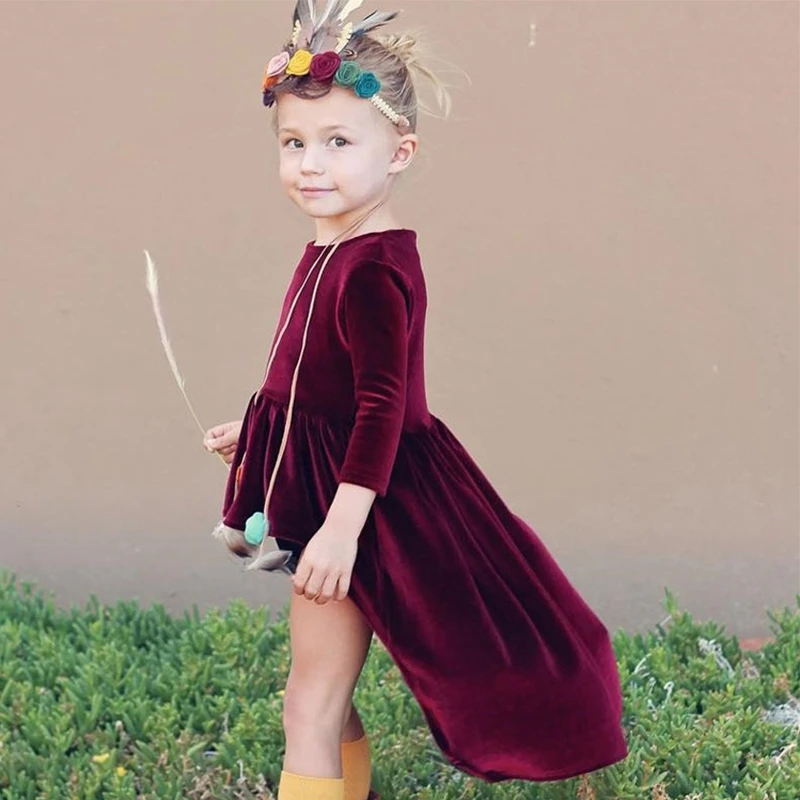2017 New Long Sleeve Winter Velvet Girls Dress Irregular Hemline