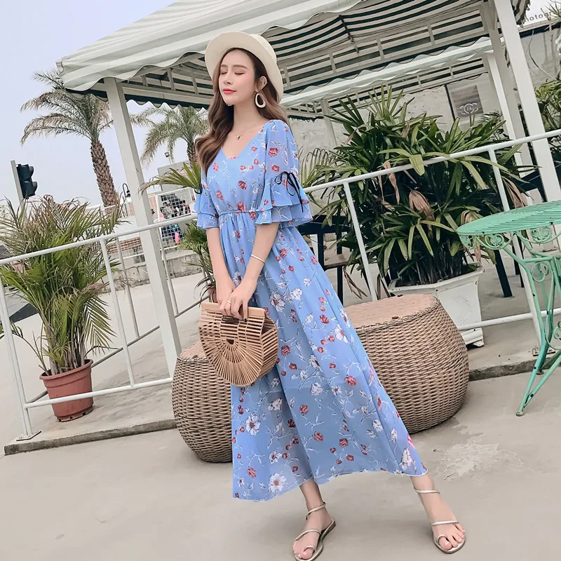 Korean beach dress seaside holiday dress bohemian long dress large swing long floral chiffon dress