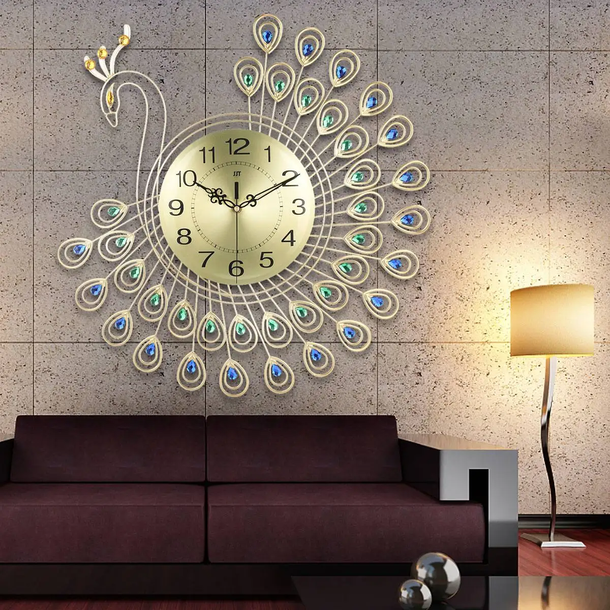 

Large 3D Gold Diamond Peacock Wall Clock Metal Watch for Home Living Room Decoration DIY Clocks Crafts Ornaments Gift 53x53cm