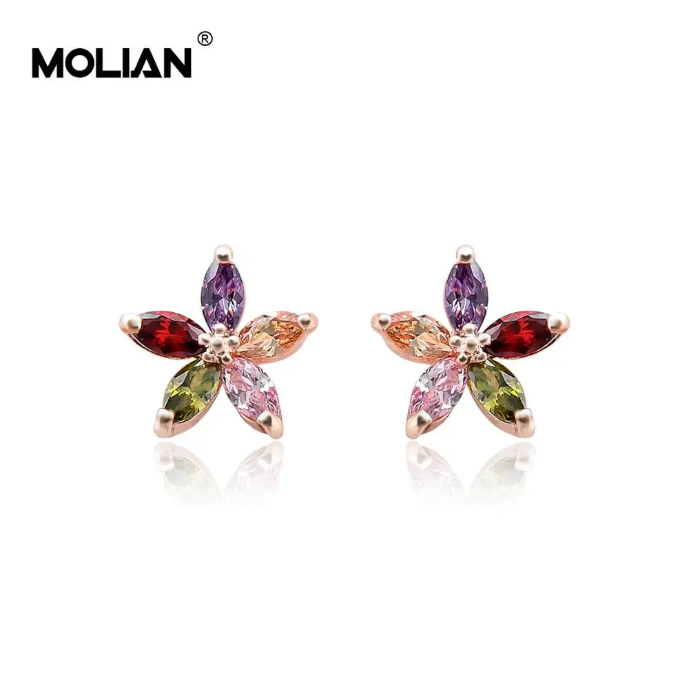 

MOLIAN Flower Colorful Cubic Zirconia Silver Copper Gold Simple jewelry Small stud earrings for women Wedding