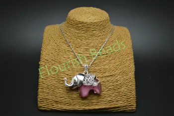 

Sweet and cute style alloy metal pink cat eye stone elephant shape pendant fashion necklace Jewelry gift free shipping