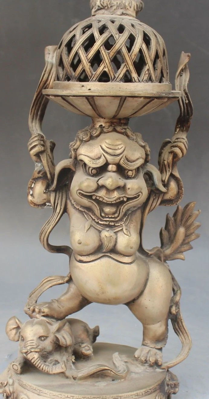 

free shipping 15"Chinese Bronze Silver Animal Lion Elephant Sheep incense burner Censer Statue