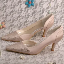 Wedopus Luxury Brand Bridesmaid Nude Shoes Valentine Pointed Toe with Crystals Mid Heel